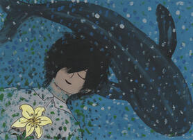 Pintura inspirada en la canción Isana de Saito Soma. En el fondo se observa una ballena, o su sombra. Al frente, como si flotara y rodeados de pequeñas manchas verdes, está Soma con los ojos cerrados, vestido de blanco y sosteniendo un lirio amarillo.
