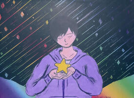 Dibujo inspirado en la canción "Neverland Glitter" de Kamiya Hiroshi. Vestido lila en el centro se encuentra Hiroshi, con los ojos cerrados y sosteniendo una estrella amarilla. El fondo es negro, un una lluvia de estrellas de colores le ilumina.